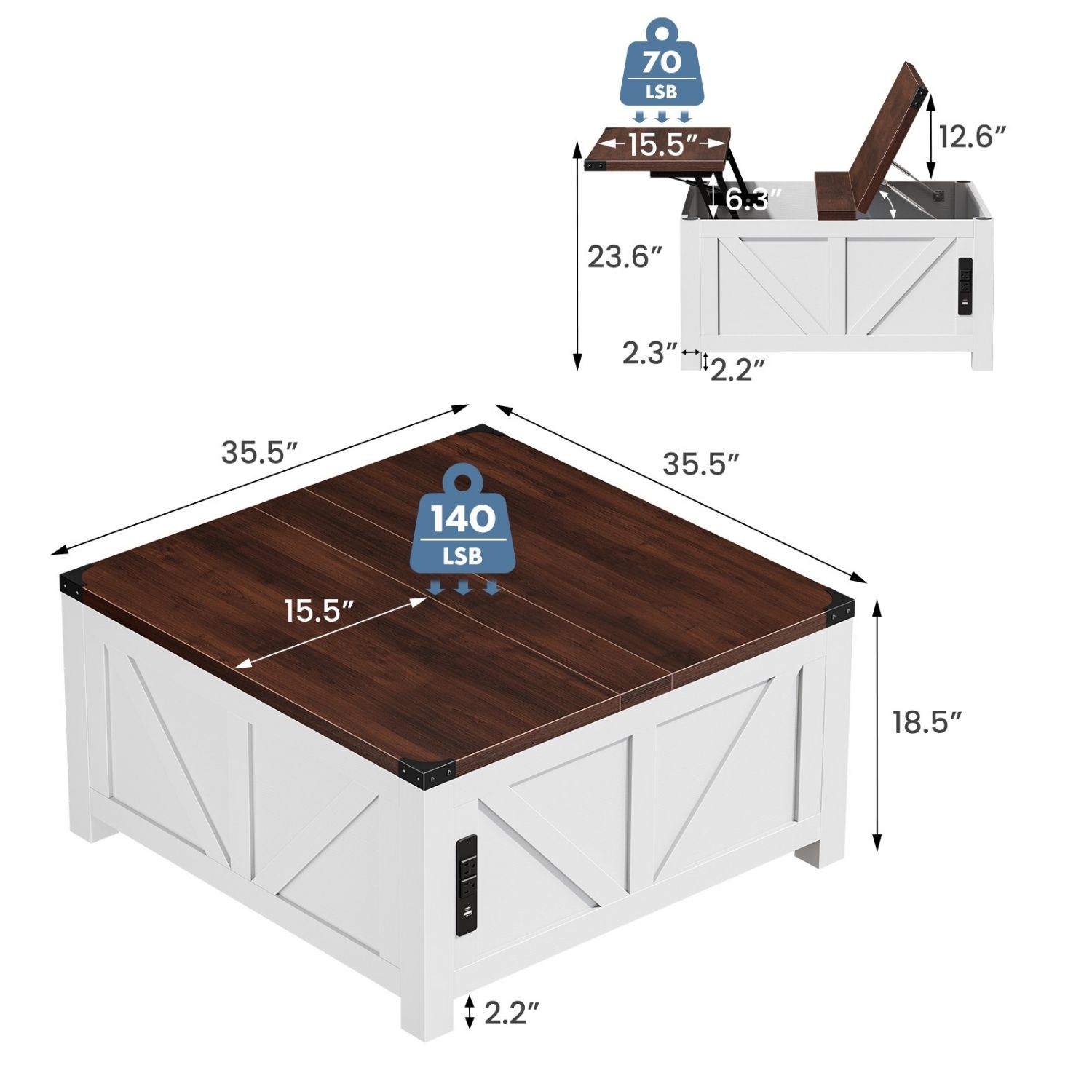 Lift Top Coffee Table With Storage And USB Charging Station, Square Center Table, Hidden Space For Living Room