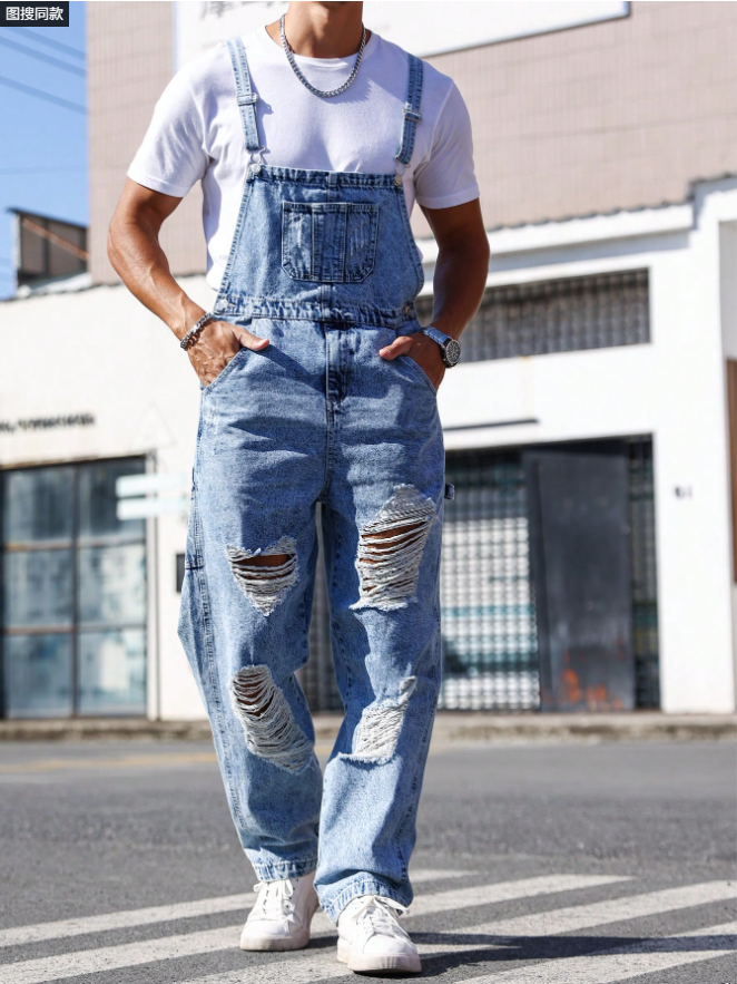 Men Distressed Denim Overalls Light Wash Ripped Bib Pants Loose Fit Streetwear Dungarees US Ready Stock