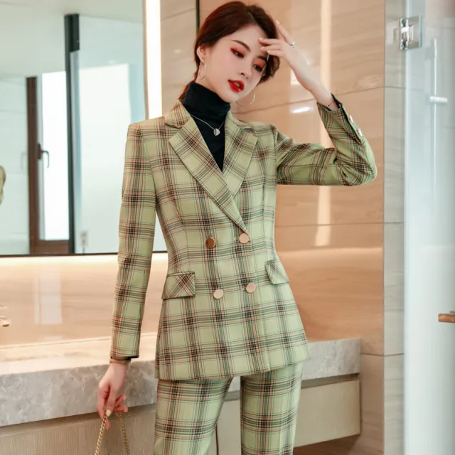 Ladies Long Sleeve Professional Suit Green Check Top - Shop at LoveMi