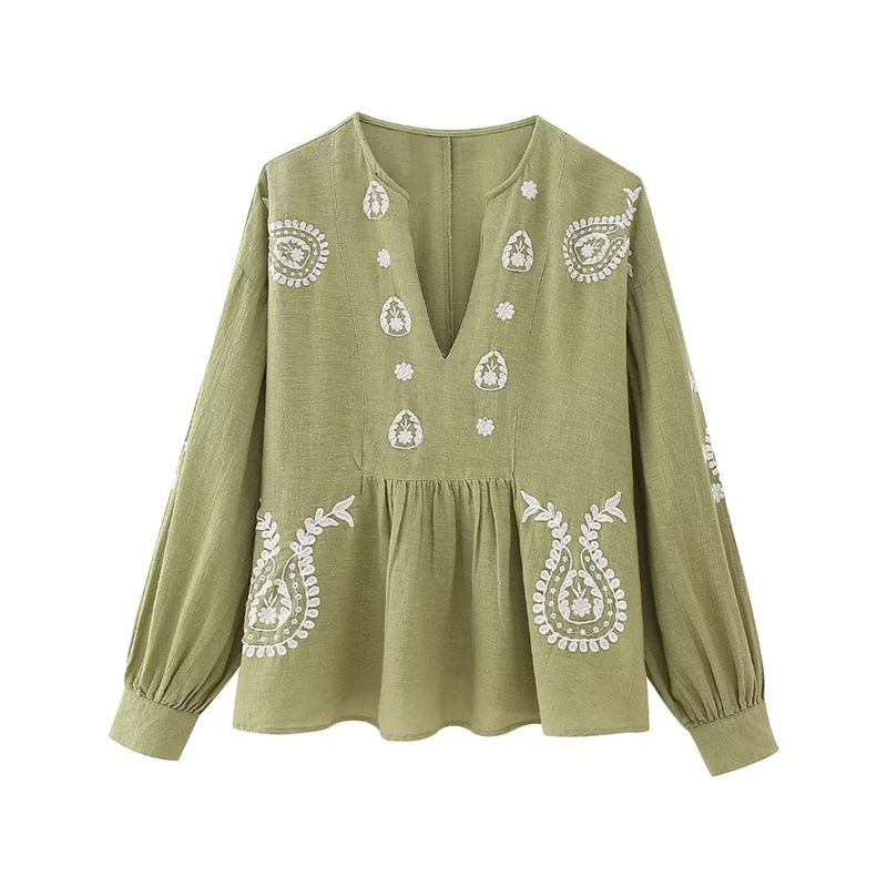 Title 5, Loose V-neck Embroidery Cotton Shirt Women