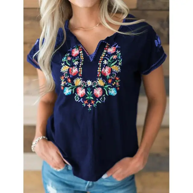 Spring Summer Retro Embroidered Short Sleeve T Shirt Women Blue - Shop at LoveMi