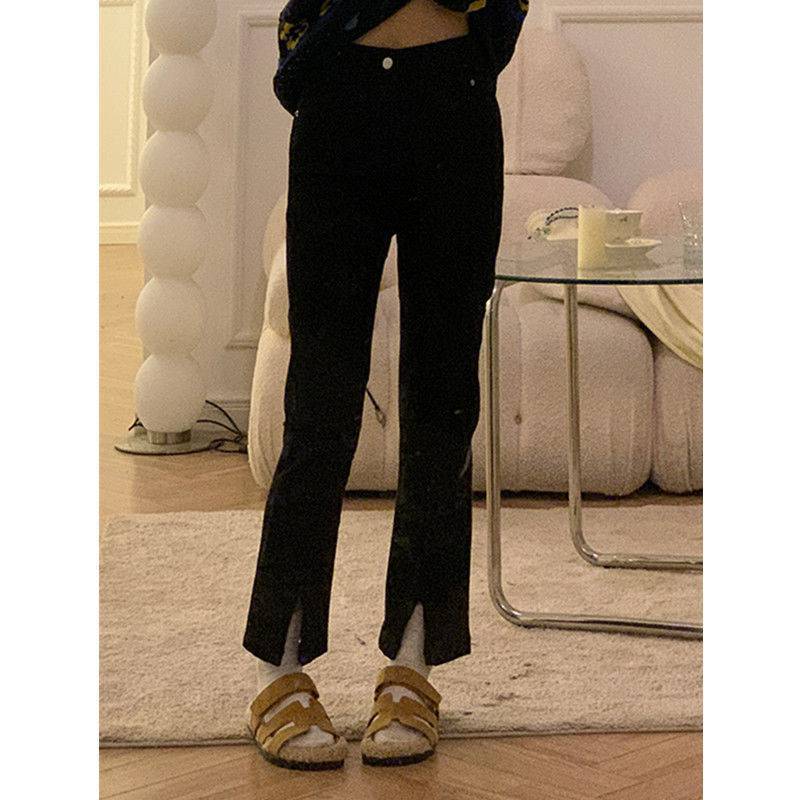 Women's Black Slit Jeans Women's High Waist Slim Fit Ripped Trousers