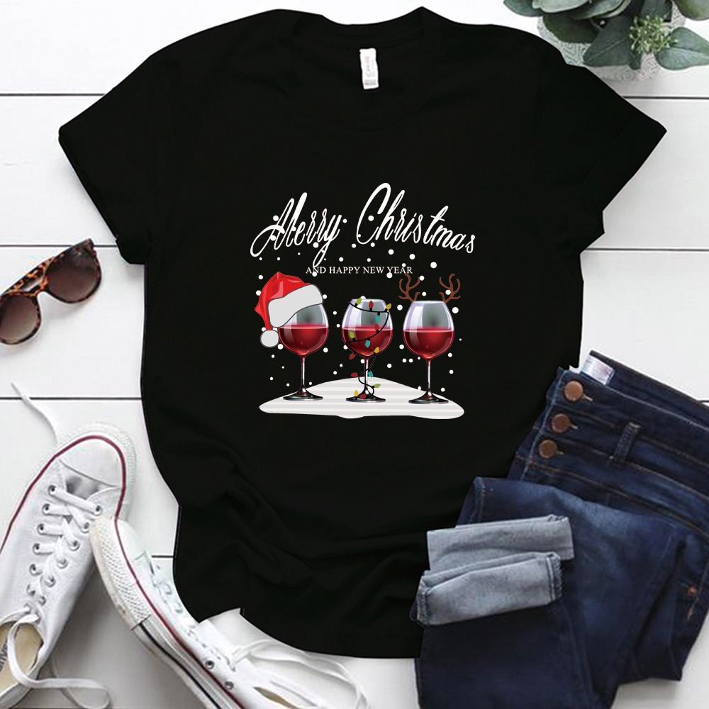 Creative Christmas Wine Glass Print T-shirt Short Sleeves