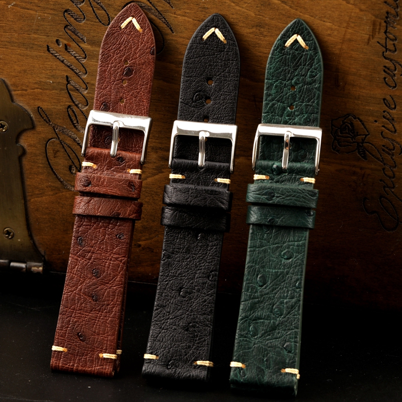 Handmade Soft Vintage Thin Ostrich Leather Strap 18 20 22MM