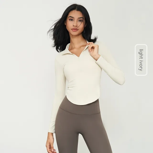 Stand Collar Yoga Coat Short Waist tight Fitness Light Ivory - Shop at LoveMi