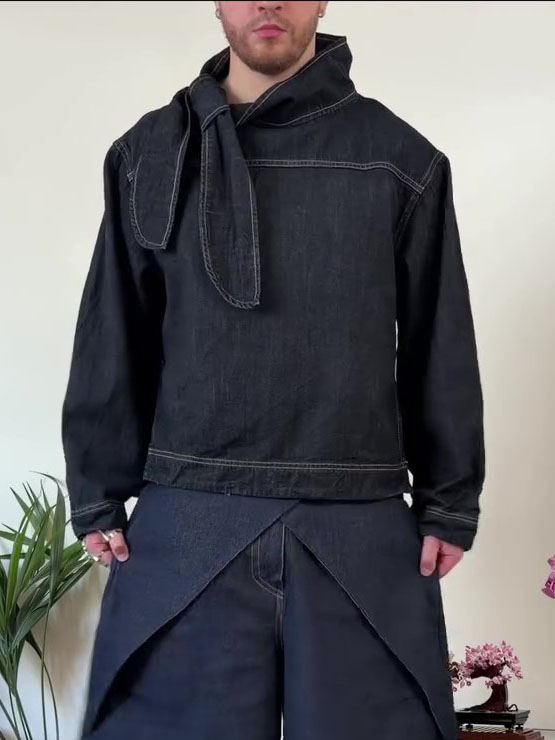 Men's Dark Denim Asymmetric Neck Tie Top