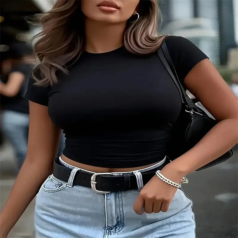 Women's Solid Color Crop Tee, Crew Neck Short Sleeve Slim Fit Basic Top - Black