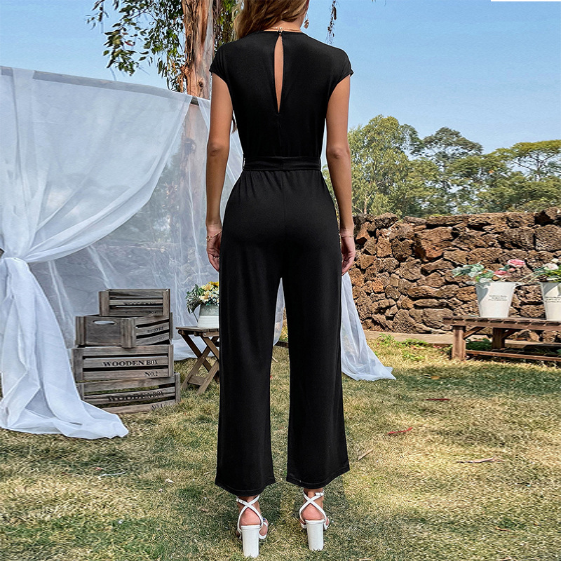 Temperament Casual Solid Color One Piece Trousers Lace Up Sleeveless Round Neck Women’s Pants