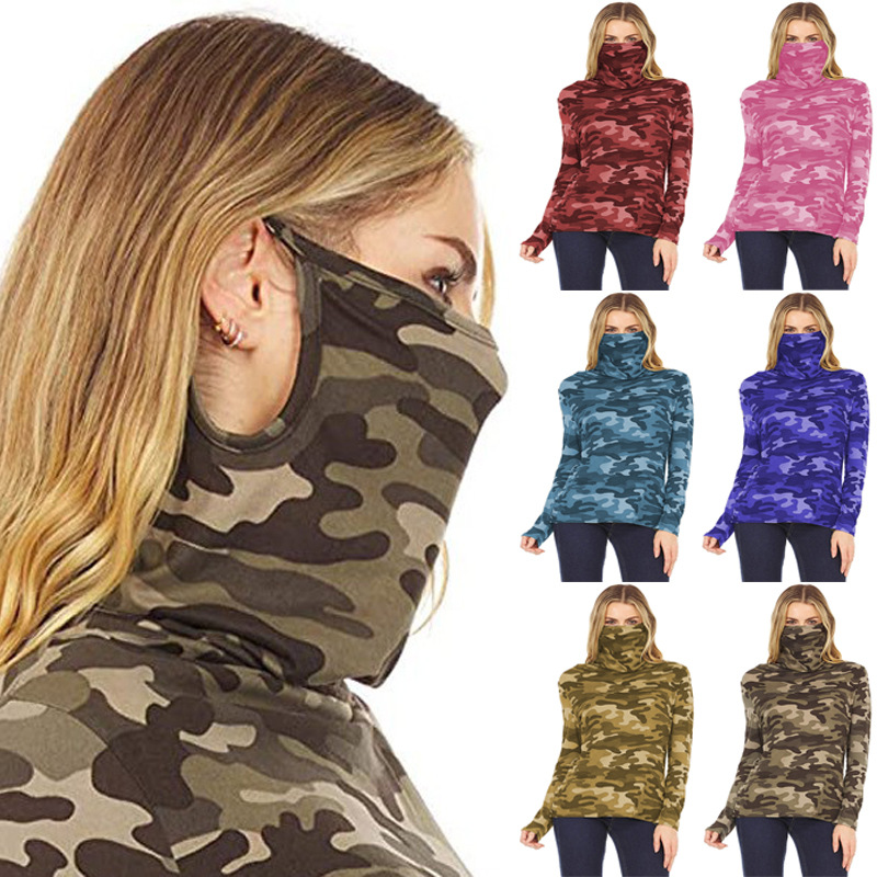 Women Camo Print Long Sleeve Turtleneck Shirts With Built-in Face Mask, Stretchy Lightweight Neck Gaiter Pullover Outdoor Windproof Tops product image