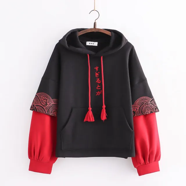 Embroidered Sleeves Wave Print Contrast Color And Velvet Padded Pullover Sweater Women Black - Shop at LoveMi