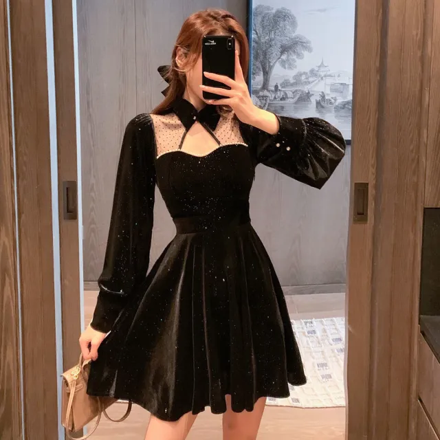 Shirt Neck Velvet Dress Cut out Beaded Mesh Black - Shop at LoveMi