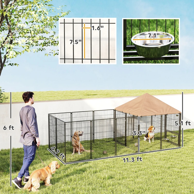 Large Outdoor Dog Kennel With Rotating & Adjustable Height Bowls, Waterproof & UV-Resistant Canopy