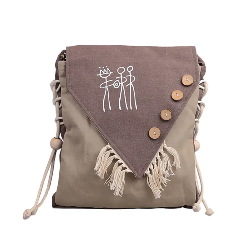 Literary Country Style Printed Canvas Crossbody Bag - Brown