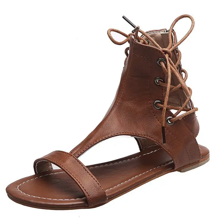 Roman Style Toe Solid Color Lace-up Flat-bottom Foreign Trade Plus Size Casual Sandals