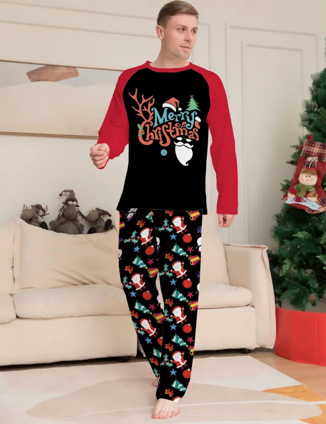 Cartoon Printed Round Neck Long Sleeve Holiday Pajamas Parent child Suit Black - Shop at LoveMi