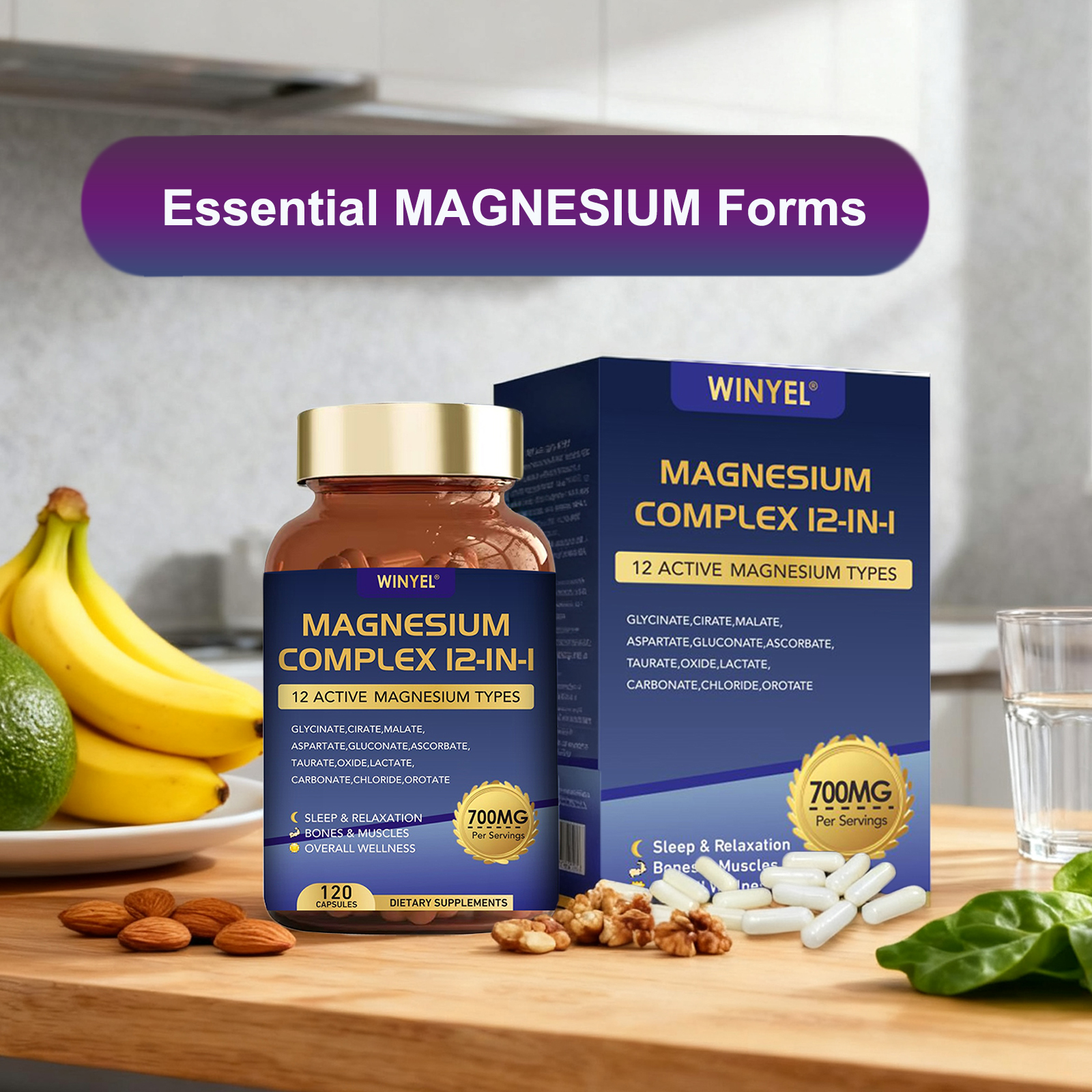 Magnesium Complex 700mg 12 In 1 Magnesium Supplement With Glycinate, Citrate, Malate  Sleep, Calm, Muscle Relaxation, Heart Health Support Vegan 120 Capsules