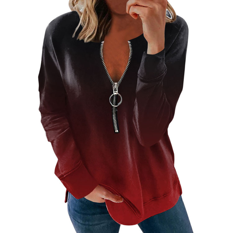 Title 3, V-neck Long-sleeved Faded Flame Loose Zipper T-...