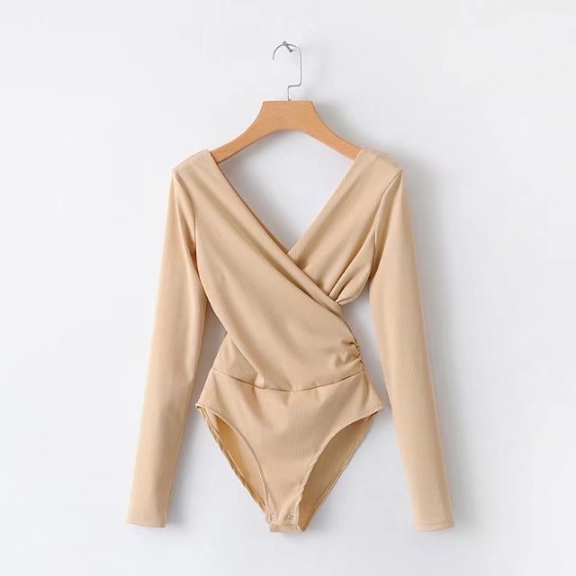 Cross stitching long sleeve jumpsuit Khaki - Shop at LoveMi