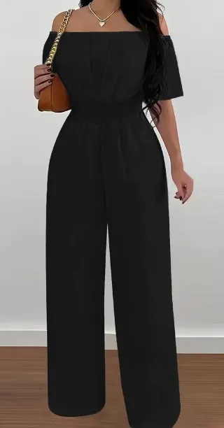 Elegant Off Shoulder Short Sleeve Waist Cinch Jumpsuit Solid Color, Machine Washable For Spring Summer Fall Black - Shop at LoveMi