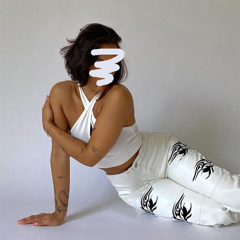 Black Printed High waisted Abdomen hip Wide leg Leather Pants White - Shop at LoveMi