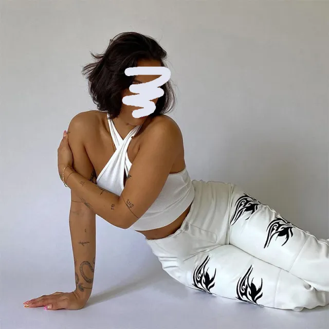 Black Printed High waisted Abdomen hip Wide leg Leather Pants White - Shop at LoveMi