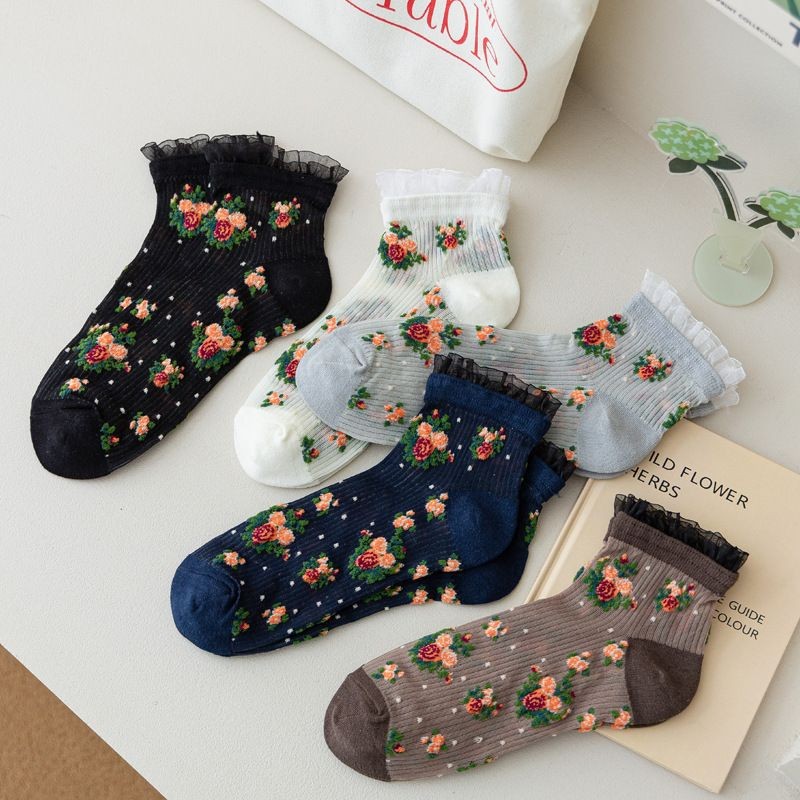5pairs Socks For Women In Spring And Summer, Thin Lace Lace Lace Stockings, Glass Stockings, Breathable Floral Short Socks