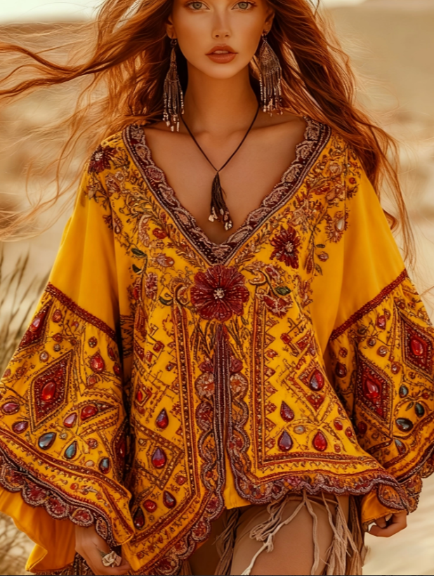 V-neck, Bell Sleeves, Casual Loose Top