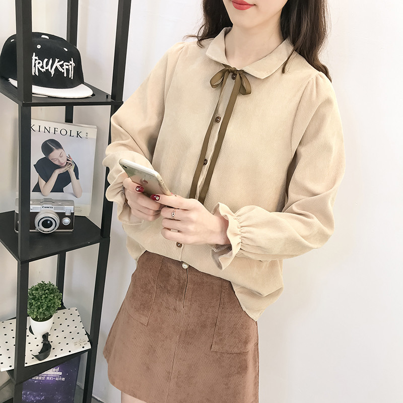 Long-sleeved Corduroy Shirt With Tie-in Student Top