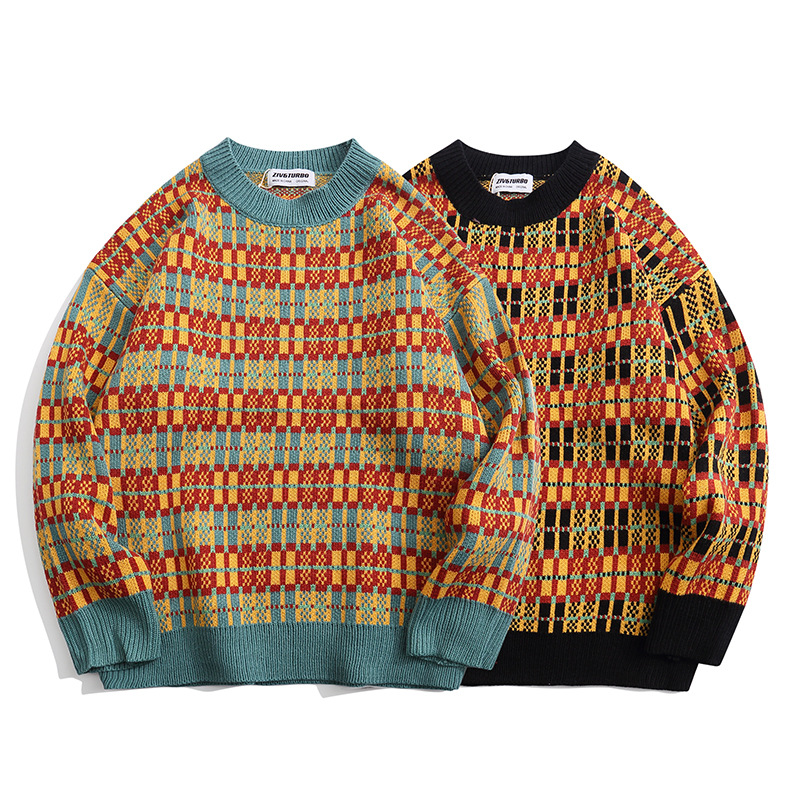 Composite Plaid Casual Men's Round Neck Sweater