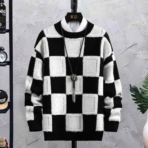 Men's Trendy Plaid Round Neck Sweater Loose