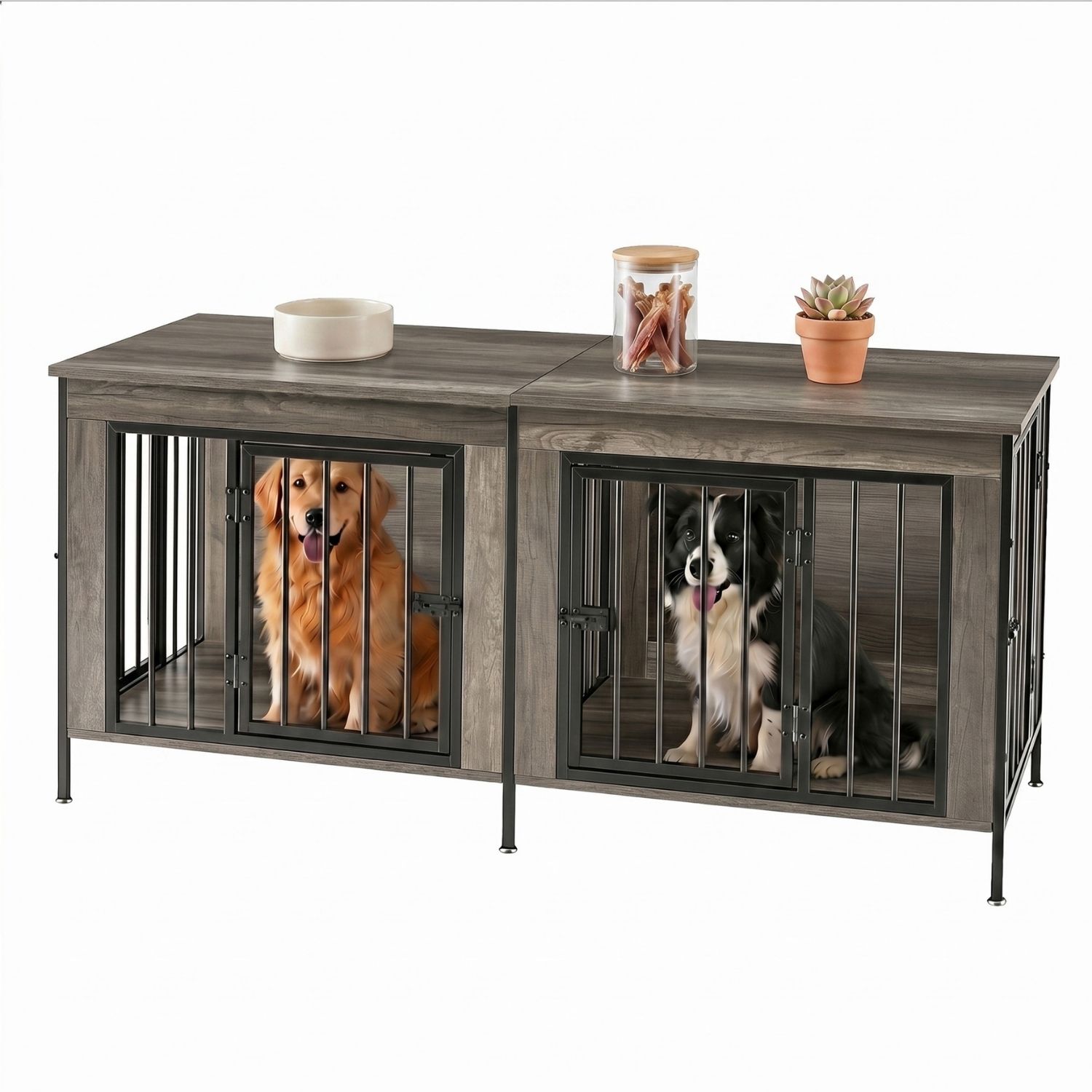 Double Dog Crate Furniture With Divider, Heavy Duty Pet Kennel End Table TV Stand, Extra Large Double Door 2