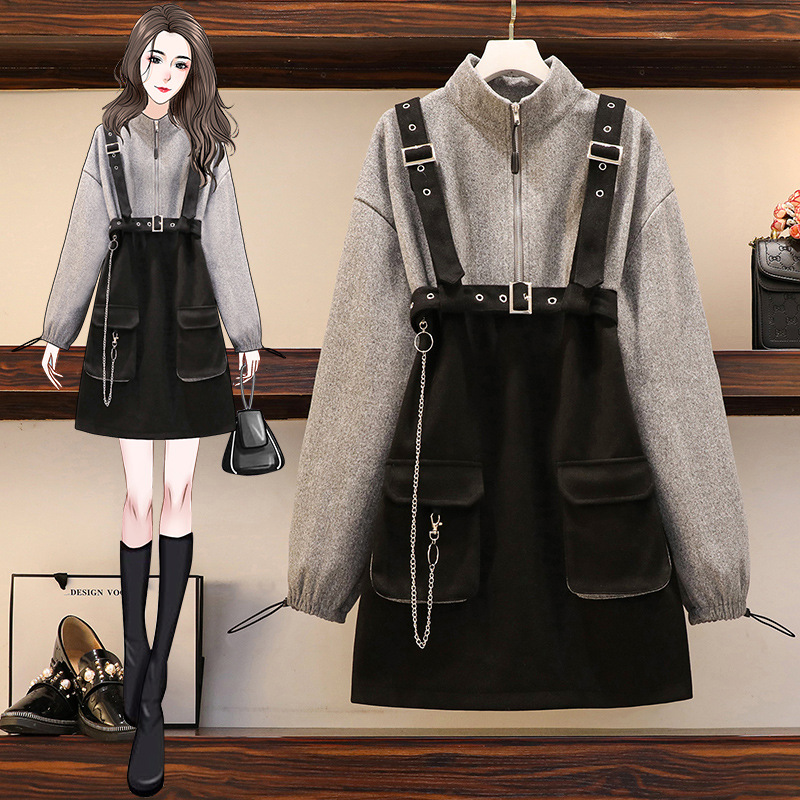 Two-piece Sweater Dress With Detachable Strap Belt And Chain