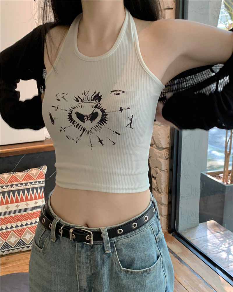 Small Retro Print Hanging Neck Tank Top Strap Female