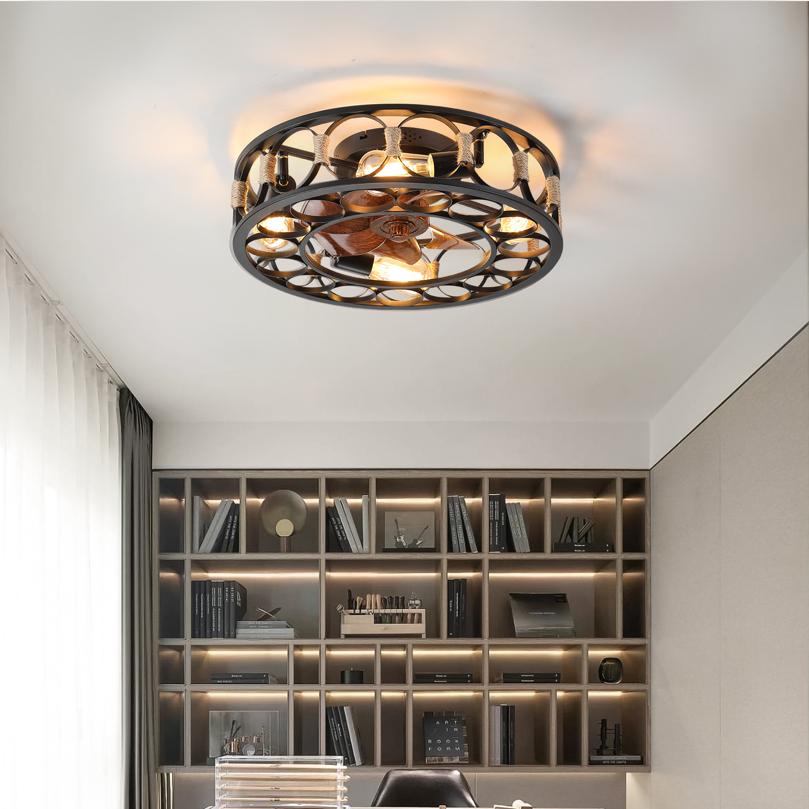 Caged Ceiling Fan With Lights Remote Control, Low Profile Flush Mount Farmhouse Modern Ceiling Fans, 6 Speeds Reversible Blades, 5 LED Bulbs Include,Black