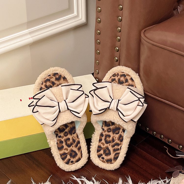 Women's Korean Style Bow Plush Warm Furry Slippers, 2026 Autumn Winter Leopard Print Patchwork Wearable Indoor Cotton Slides