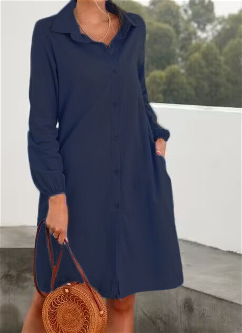 Long Sleeve Solid Color Cardigan Single Breasted Shirt Skirt Female Navy Blue - Shop at LoveMi