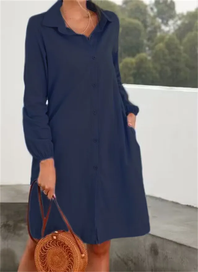 Long Sleeve Solid Color Cardigan Single Breasted Shirt Skirt Female Navy Blue - Shop at LoveMi