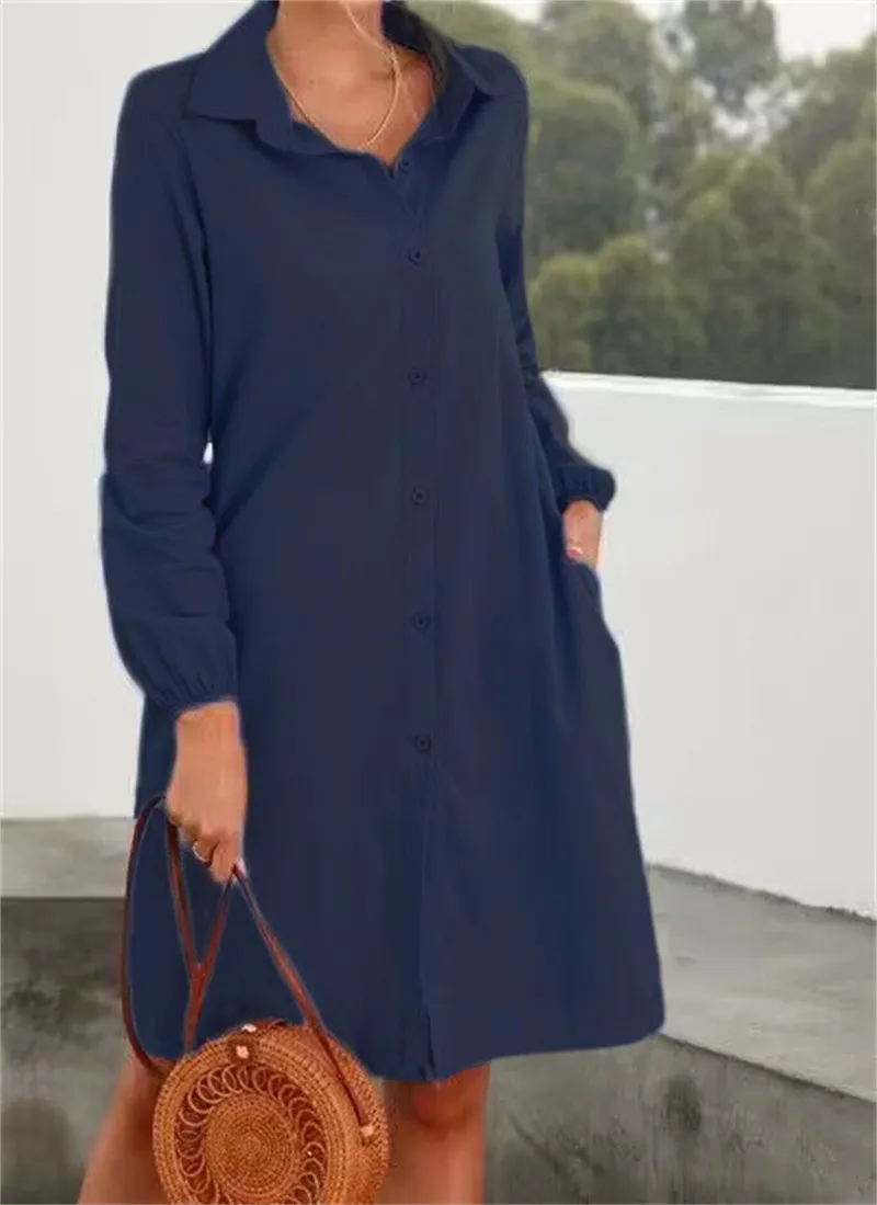 Long Sleeve Solid Color Cardigan Single Breasted Shirt Skirt Female - Navy Blue