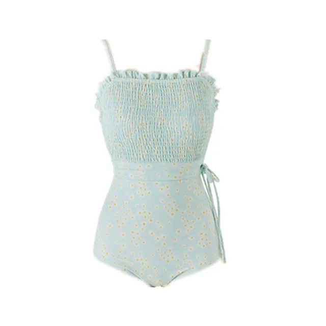 French Pastoral Floral Sling One Piece Swimsuit Light Green - Shop at LoveMi