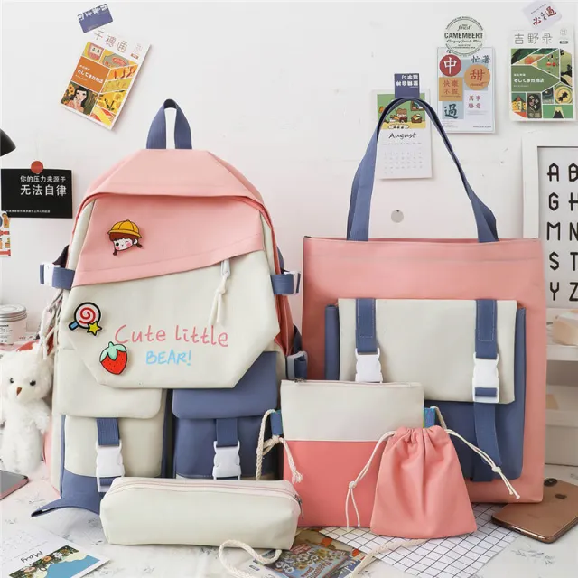 Korean Version Of The Tide Hit Color Harajuku Large capacity Grade Primary School Bag Five Piece Set Pink - Shop at LoveMi