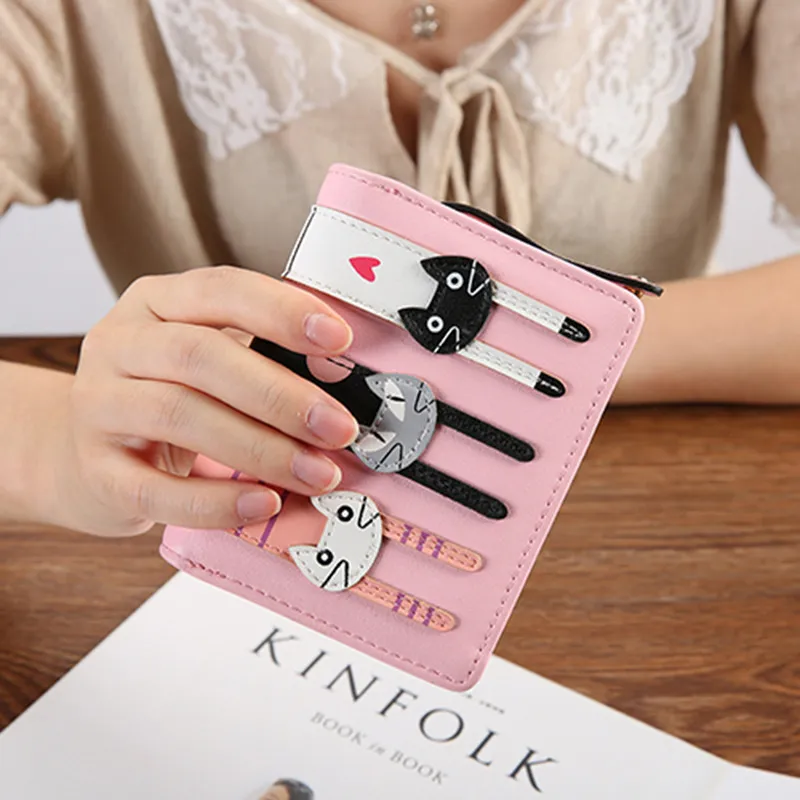 Cute 3 Cats Zipper Coin Purse Clutch In PU Leather - Pink