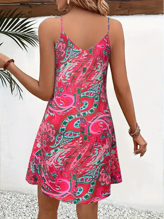 Paisley Print V Neck Cami Dress, Vacation Spaghetti Strap Mini Dress For Summer, Women's Clothing
