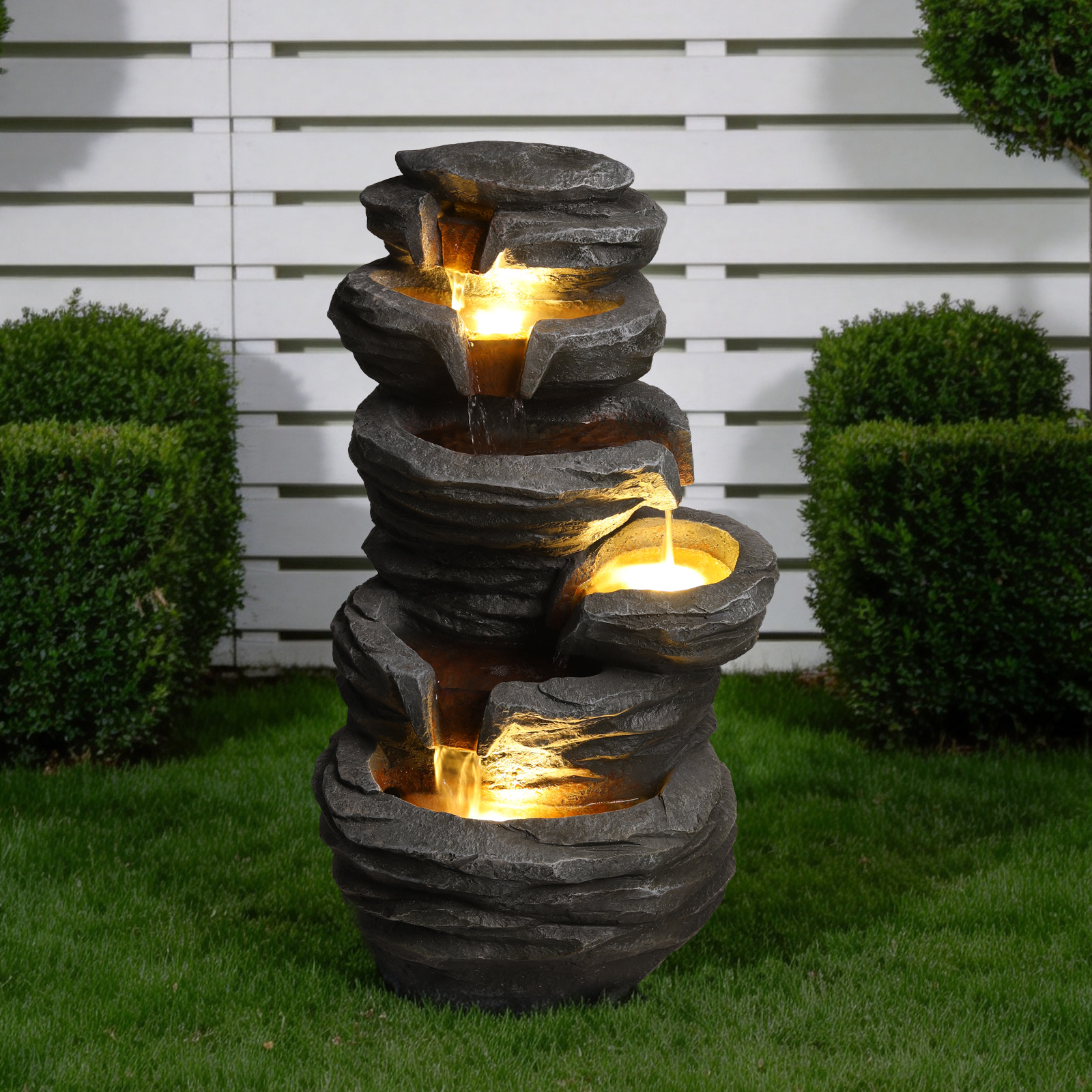 Outdoor Waterfall Fountain With Lights Stacked Rock Cascading Water Feature Resin Garden Decor For Patio Yard Porch Landscape — foto 4