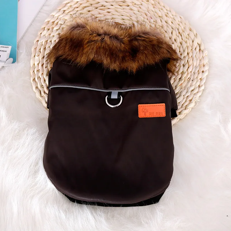 Reflective And Warm Pet Fur Coat With Fur Collar - Brown