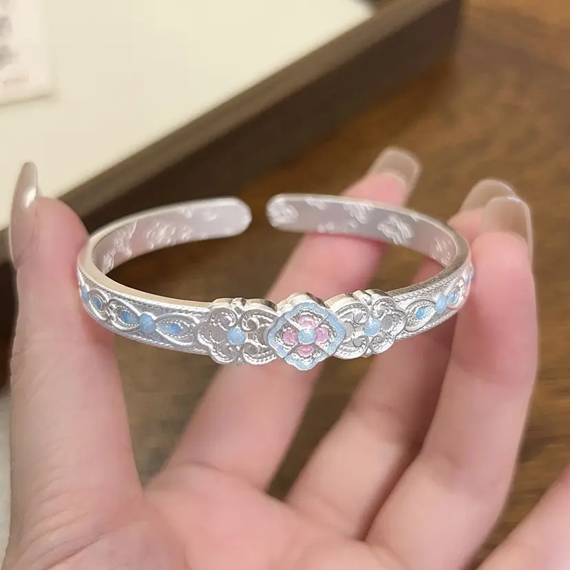 1pcs 925 Sterling Silver Enamel Clover Carved Open Cuff Bangle, Elegant Oriental Style, For Daily Wear & Holiday Gift Giving