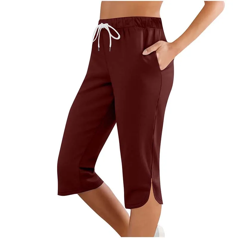 Women's Capri Leggings Drawstring High Waisted Sweatpants Lounge Running Gym Short With Pockets - Wine