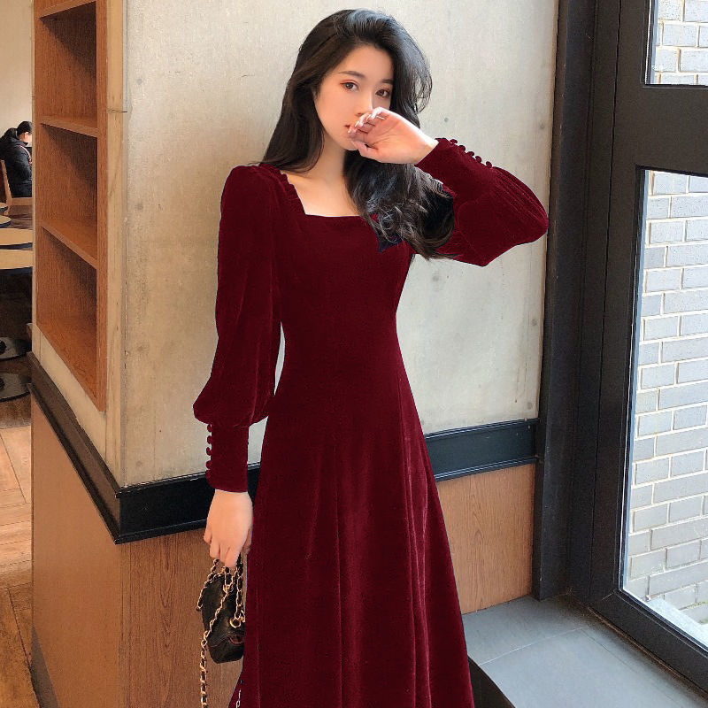 Gold Velvet Women's Slim Square Neck Hepburn Style Autumn And Winter Long Dress Gold - Shop at LoveMi