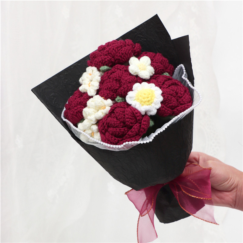 Handmade Crochet Bouquet, Burgundy Roses & White Daisies Everlasting Yarn Flowers, Vintage Floral Ornament For Gifts & Home Decor product image