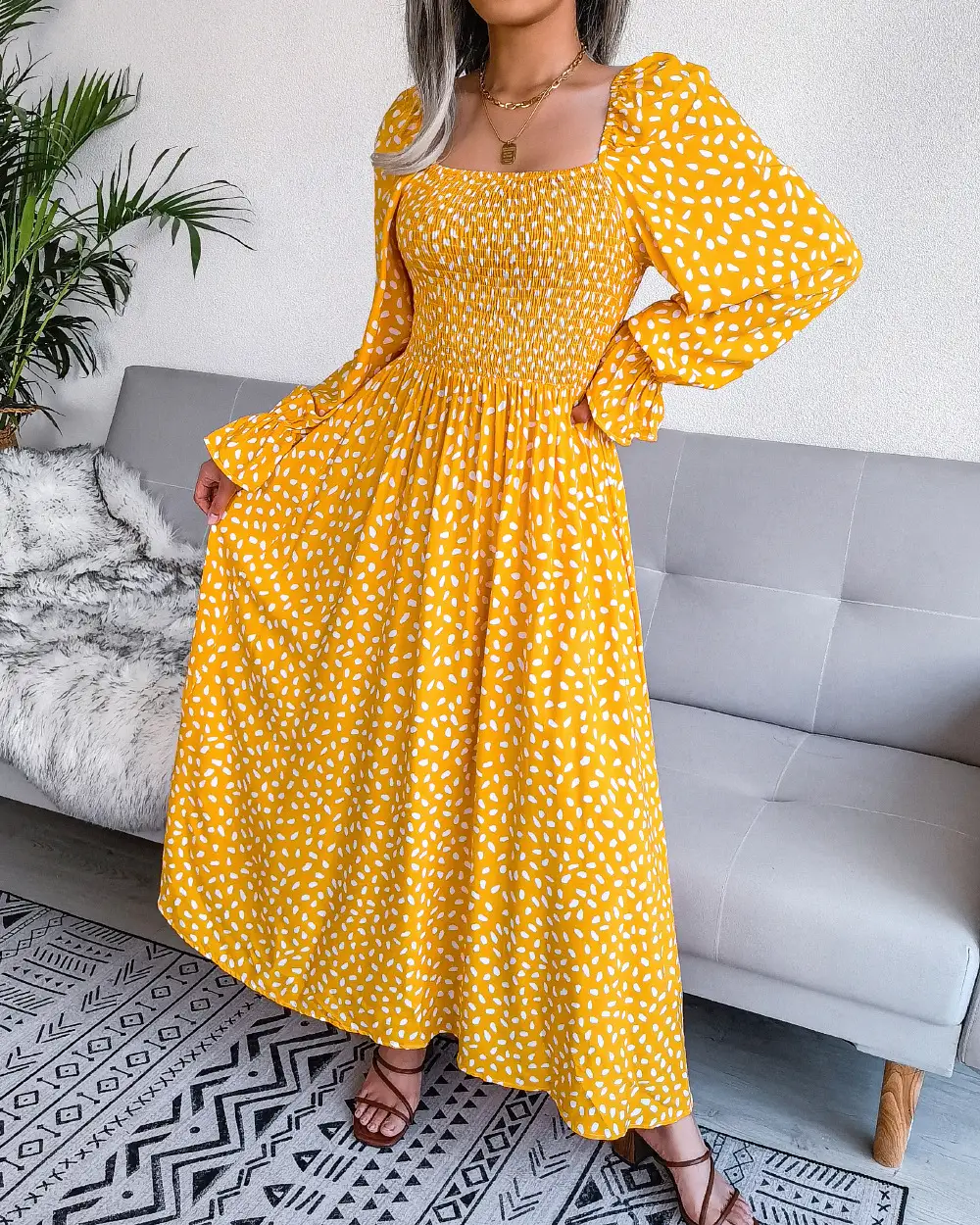 Holiday Rayon Dress With Square Neck And Long Sleeves