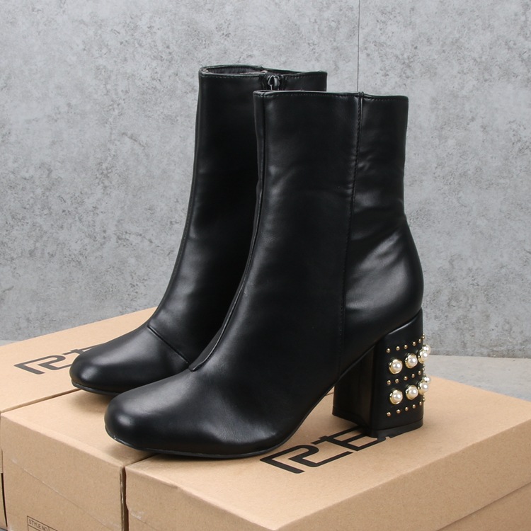 Fashion Casual High heeled Thick heel Square Toe Martin Boots Women Black - Shop at LoveMi